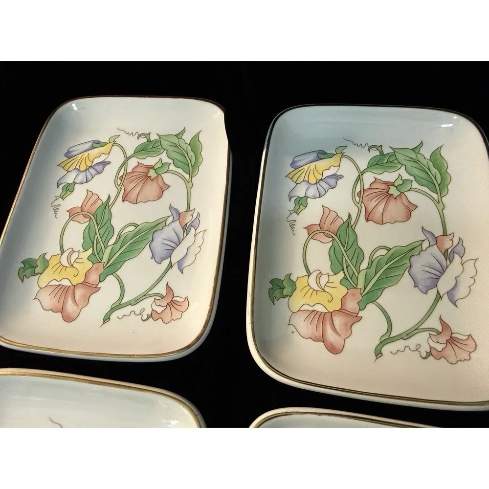 VTG Ben Rickert Porcelain Flowers Floral Tray Trinket Dish Signed Japan Set Of 4
